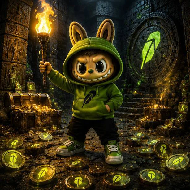 LABUBU holding a torch in a hidden coin temple
