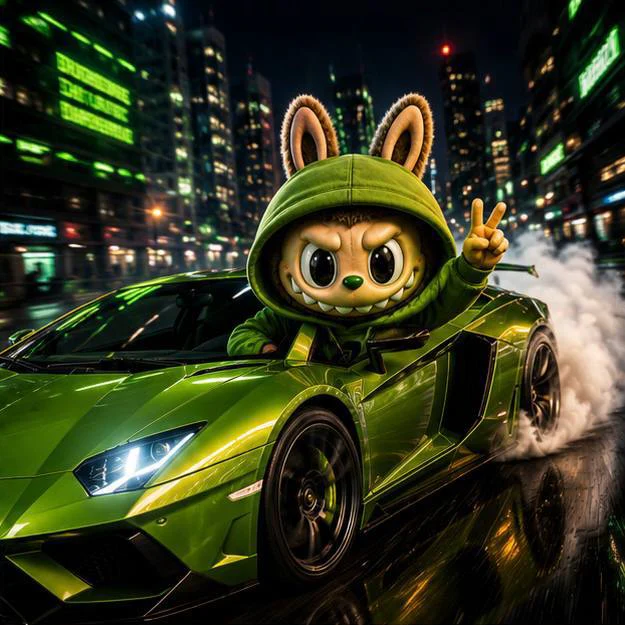 LABUBU racing a green supercar through the city
