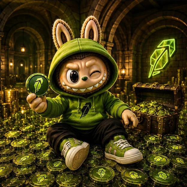 LABUBU holding a green coin inside a vault