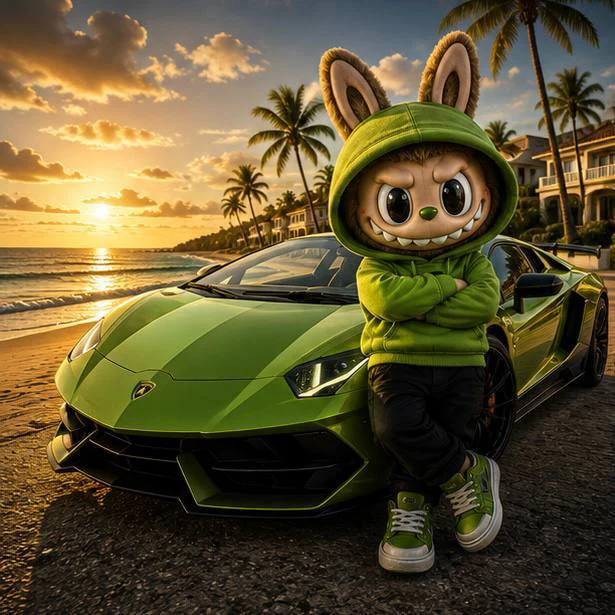 LABUBU standing beside a green supercar on the coast