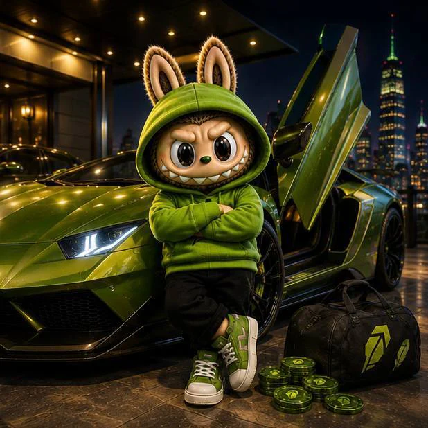 LABUBU beside a green supercar in a city garage