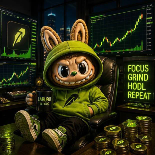 LABUBU at a trading desk with green market charts