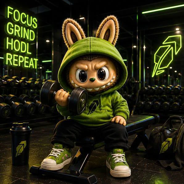 LABUBU lifting a dumbbell in a green-lit gym