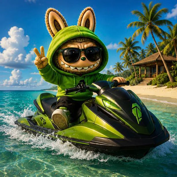 LABUBU riding a green jet ski near a tropical island